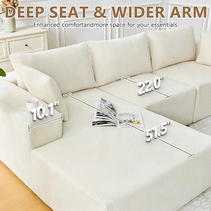 109" Cloud Sectional Couch, Boneless Couches for Living Room, Modular Sectional Sofa with Deep Seat, L-Shape Couch with Chaise, Comfy Corduroy Fluffy Modern Modular Sofa, No Assembly Required, Beige