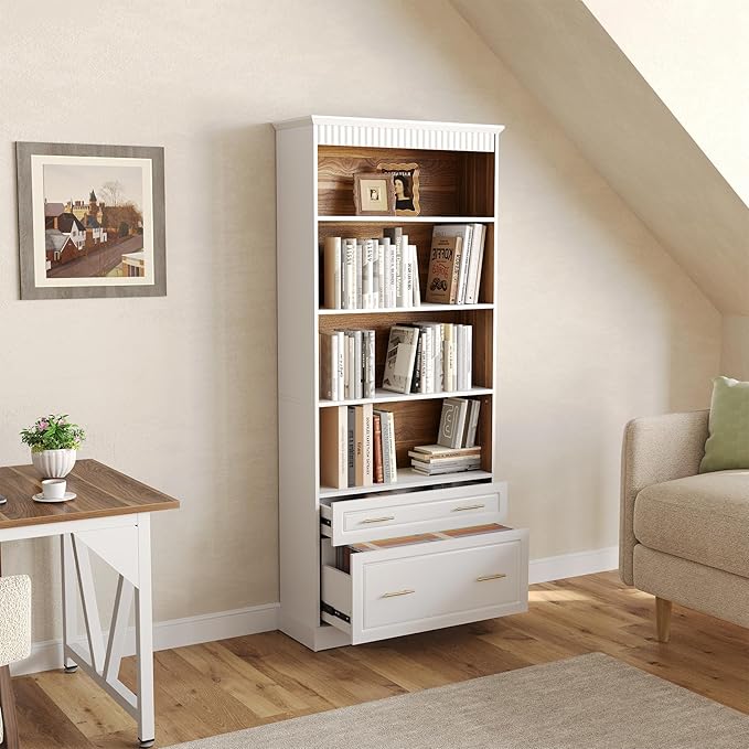 LITTLE TREE 72" Tall White Bookcase, 5-Tier Office Bookself with File Cabinet Drawers,Modern Floor Standing Storage Filing Cabinet Book Shelf for Living Room,Bedroom(2 Piece,White)