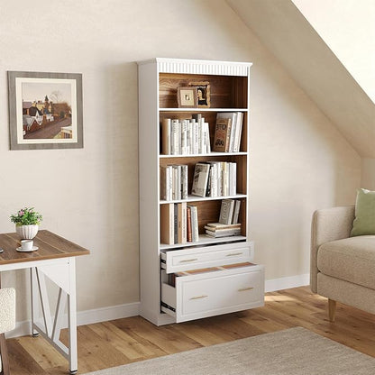 LITTLE TREE 72" Tall White Bookcase, 5-Tier Office Bookself with File Cabinet Drawers,Modern Floor Standing Storage Filing Cabinet Book Shelf for Living Room,Bedroom(2 Piece,White)