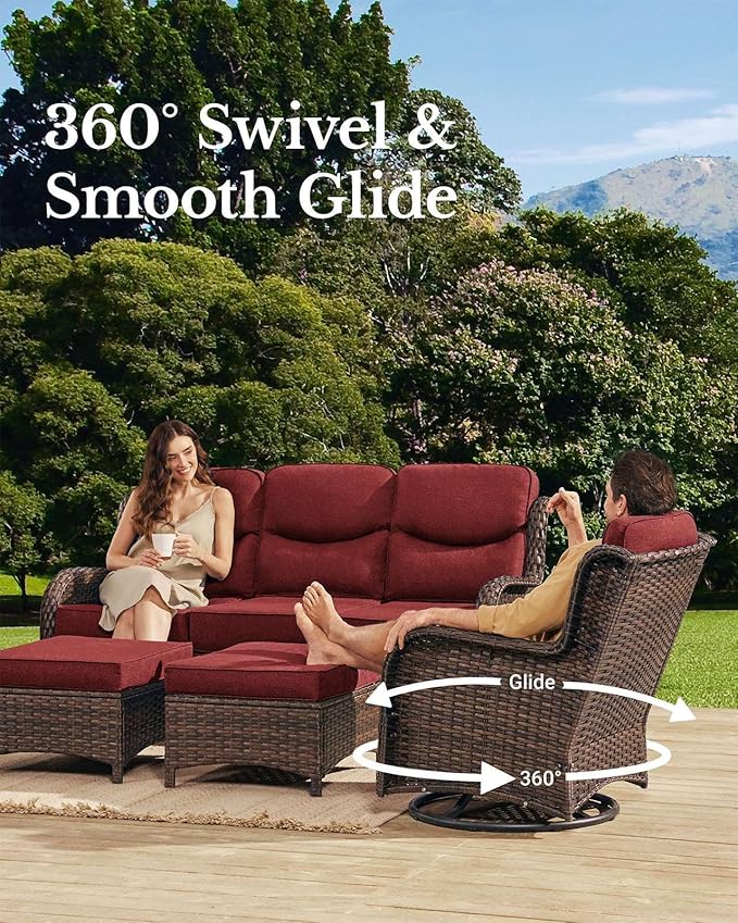 HILLGA Luxury Patio Furniture Set with 6-Inch Thick Cushions, High Back Outdoor Swivel Rocker Chairs and Patio Couch, 7-Piece All Weather Conversation Set for Porch Deck Pool Yard, Burgundy (V3)