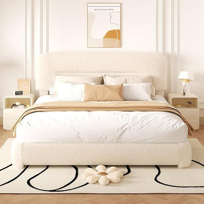 King Size Cloud Bed Frame, Upholstered Boucle Platform Bed with Adjustable Headboard, Anti-Collision Soft Rounded Corners, Noise Free, Easy Assembly, Cream