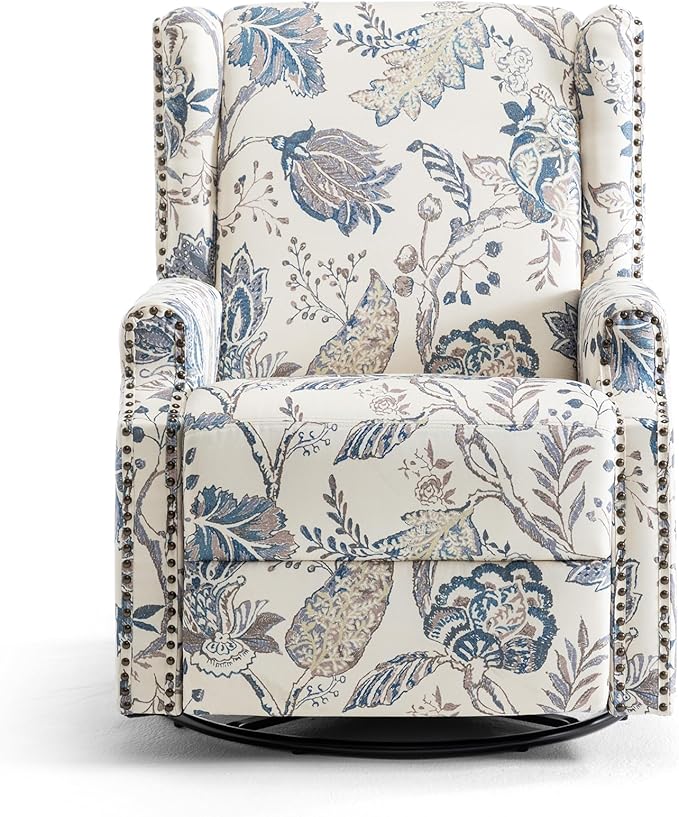 UIXE Swivel Rocker Manual Recliner Chairs Set of 2, Wingback Swivel Glider Fabric Nursery Reclining Sofa Chair, High Back Upholstered Arm Chair for Living Room Bedroom - Blue Plants