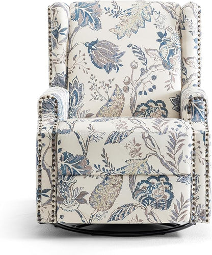 UIXE Swivel Rocker Manual Recliner Chairs Set of 2, Wingback Swivel Glider Fabric Nursery Reclining Sofa Chair, High Back Upholstered Arm Chair for Living Room Bedroom - Blue Plants