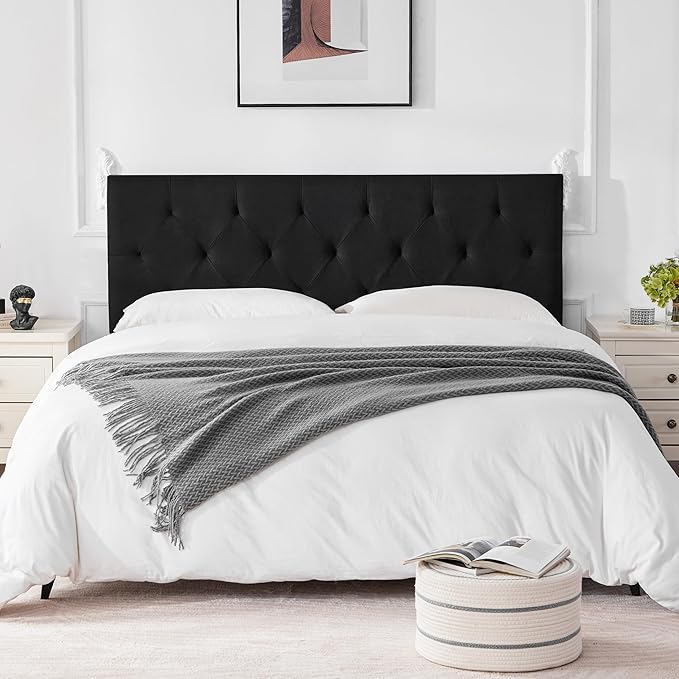 Linen Upholstered Headboard Full Size, Modern Diamond Tufting Solid Wood Full XL Headboard Only, Adjustable Height from 37” to 51” Head Board, Bed Frame or Wall Mount Headboards, Black