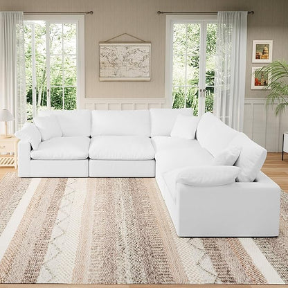 Modular Sectional Sofa Cloud Couch,Down Filled Comfy Cloud Modern Sofa,White Linen V Shape 5 Seater Oversized Couch Cushion Covers Removable for Living Room