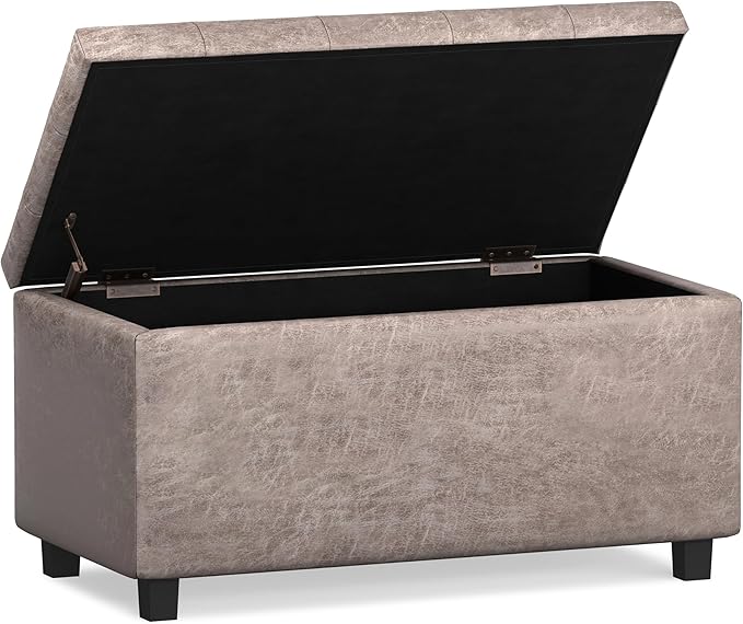 SIMPLIHOME Cosmopolitan Storage Ottoman - 34 inch Wide Upholstered Vegan Leather Rectangle Storage Ottoman Bench in Distressed Grey Taupe, Transitional Tufted Ottoman for Living Room with Lift-Up Lid