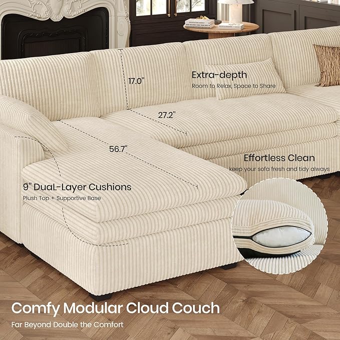 Belffin Large Modular Sectional Sofa with Double 61" Loveseat, Corduroy Corner Couch with 9" Soft Dual-Layer Seats Cushion for Living Room, Apartment, Small Sapce, Beige