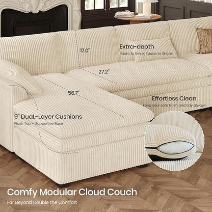 Belffin Large Modular Sectional Sofa with Deep Chaise, Corduroy U Shaped Couch with 9" Soft Dual-Layer 7 Seats Cushion for Living Room, Apartment, Beige