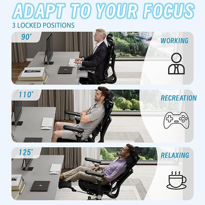 MOJAY High-Back Ergonomic Mesh Office Chair, Modern Executive Desk Chair with 6D Armrests Computer Task Chair (Grey Mesh 3-Zone Lumbar Support)