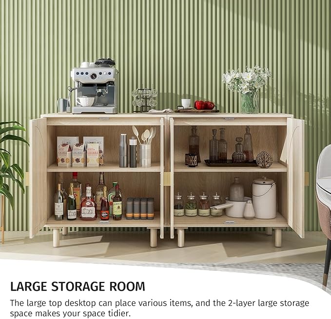 Beige Sideboard Cabinet with 2 Rattan Doors, Rattan Buffet Cabinet with Adjustable Shelves & Pine Legs, Boho Sideboard Buffet for Living Room, Kitchen, Entryway (Beige,2 PCS)