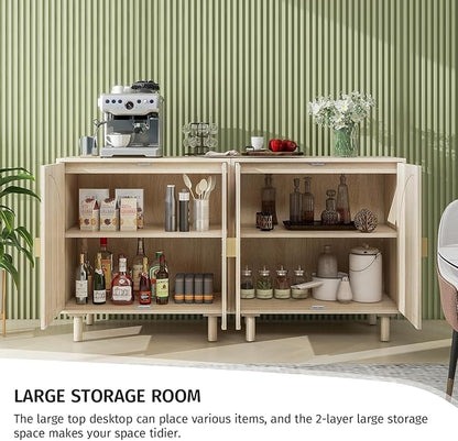 Beige Sideboard Cabinet with 2 Rattan Doors, Rattan Buffet Cabinet with Adjustable Shelves & Pine Legs, Boho Sideboard Buffet for Living Room, Kitchen, Entryway (Beige,2 PCS)