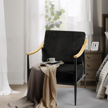 Modern Accent Chair for Living Room Bedroom Mid Century Arm Chair Upholstered Office Accent Chair Comfy Waiting Room Chair with Metal Frame, Black