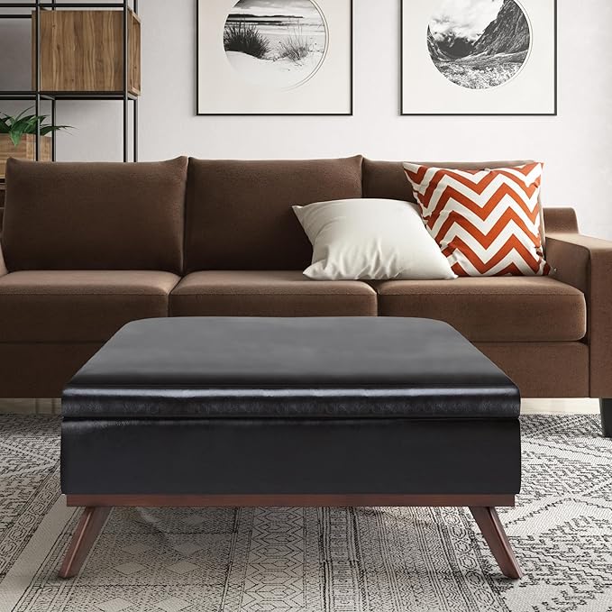SIMPLIHOME Owen 36 inch Wide Mid Century Modern Square Coffee Table Storage Ottoman in Tanners Brown Vegan Faux Leather, Assembled, for the Living Room, Entryway and Family Room