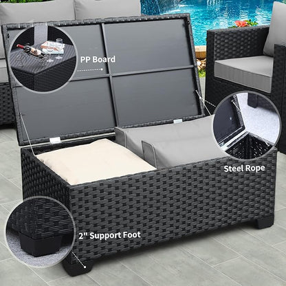 Rattaner 5-Piece Patio Furniture Sofa Set Outdoor Wicker Sectional Couch with Storage Table Non-Slip Cushions Furniture Covers, Grey