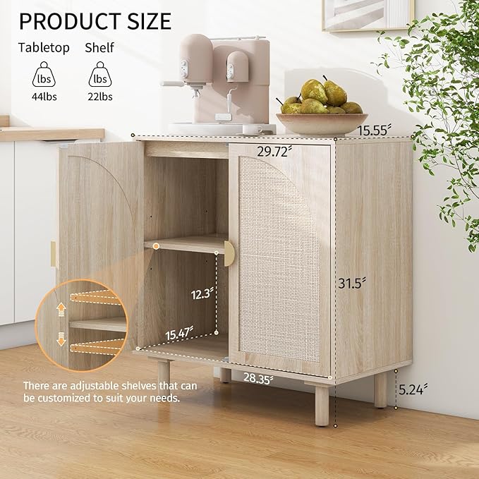 Beige Sideboard Cabinet with 2 Rattan Doors, Rattan Buffet Cabinet with Adjustable Shelves & Pine Legs, Boho Sideboard Buffet for Living Room, Kitchen, Entryway (Beige,1 PCS)