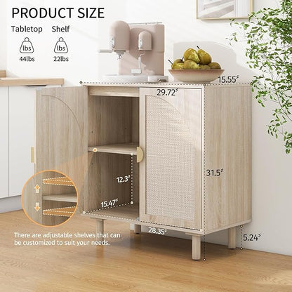 Beige Sideboard Cabinet with 2 Rattan Doors, Rattan Buffet Cabinet with Adjustable Shelves & Pine Legs, Boho Sideboard Buffet for Living Room, Kitchen, Entryway (Beige,1 PCS)