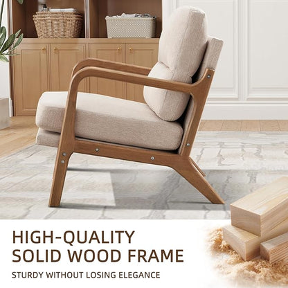Mid Century Modern Accent Chair, Linen Fabric Upholstered Lounge Armchair with Solid Wood Frame and Soft Cushion for Living Room, Bedroom (1, Linen Beige)