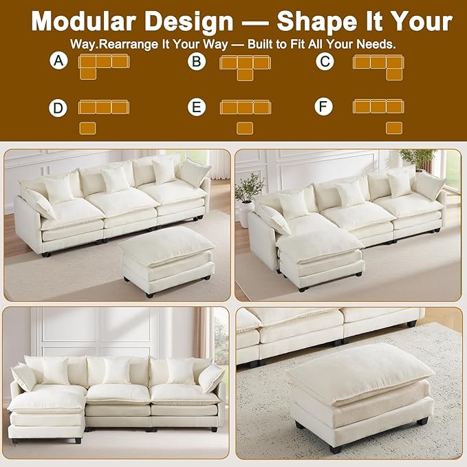 111.4" L-Shaped Cloud Chenille Sectional with Reversible Chaise, Flexible 3+1 Layout for Large Spaces, Deep Seat and Free Pillows Included