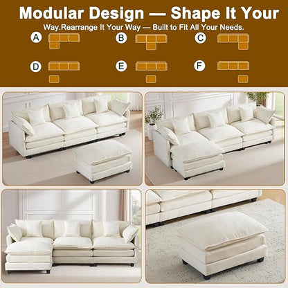 111.4" L-Shaped Cloud Chenille Sectional with Reversible Chaise, Flexible 3+1 Layout for Large Spaces, Deep Seat and Free Pillows Included