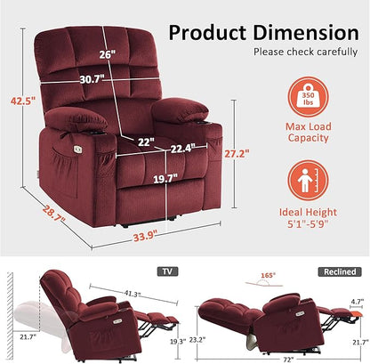 MCombo Dual Motor Power Lift Recliner Chair with Massage and Heat for Elderly People, Infinite Position, USB Ports, Cup Holders, Fabric 7679 (Medium, Burgundy)