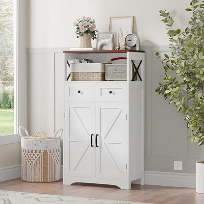 SUPER DEAL Farmhouse Storage Cabinet, Bathroom Floor Cabinet Kitchen Pantry with Doors and Drawers, Hutch Cupboard for Laundry, Living Room, Bedroom, White
