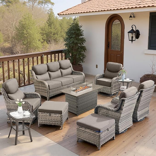 Belord Luxury 6" Thick Cushioned 10 Pieces Patio Furniture Set with Fire Pit Table, Wicker Outdoor Conversation Set with High Back Swivel Rocker Chairs for Deck Porch Yard and Poolside - Grey+Grey