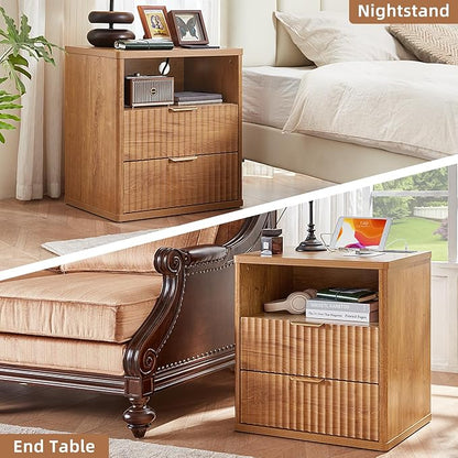 LEYAOYAO Fluted Nightstand with Charging Station, 23" Wide 2 Drawers End Table, Brown Night Stand with Open Storage Cabinet, Farmhouse Bed Side Tables, Wood Dresser for Bedroom, Living Room, Closet