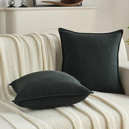 FUTEI Black Chenille Throw Pillow Covers 20x20 Inch Set of 2,Edges Double-Stitched Cushion Cases,Modern Home Decor for Couch Living Room