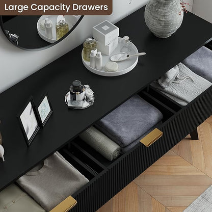 Fluted Dresser for Bedroom,59'' Modern Wooden Dresser with 9 Drawers, Bedroom Dressers, Natural Wood Chest of Drawers for Living Room, Hallway (Black)