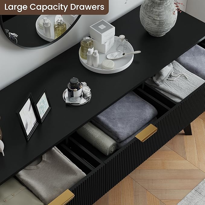 SUNWAVE Fluted 9 Drawer Dresser for Bedroom, 59.1" Wide Modern Large Dresser with Round Corner, Wood Drawer TV Stand for Living Room