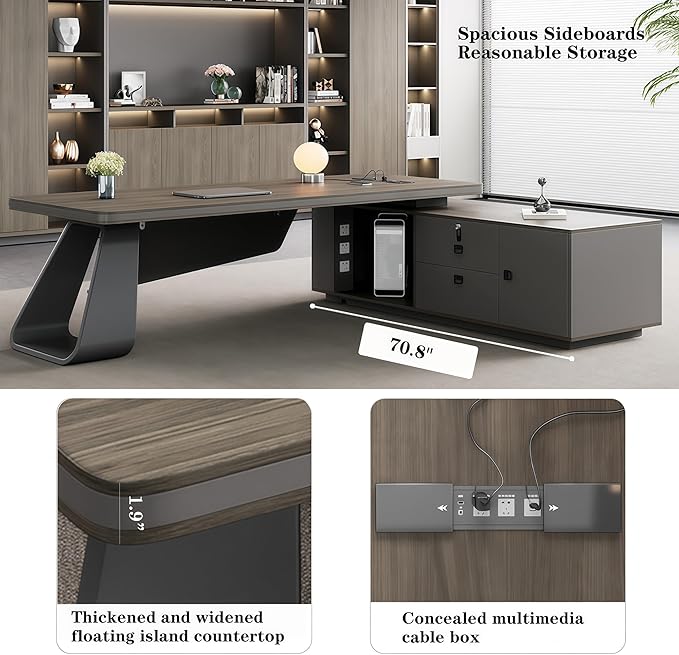 L Shaped Executive Desk, 118.1 inch Large Executive Computer Desk Set Drawers and Lockable, Power Socket and USB Port Storage, Without Display Racks and Bookshelves