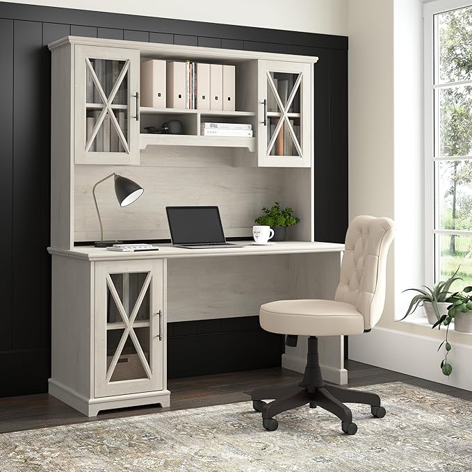 Bush Furniture Lennox 60W Farmhouse Desk with Hutch and Storage Cabinet in Linen White Oak | Computer Table for Home Office