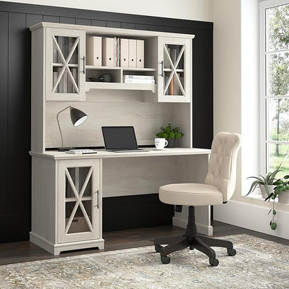 Bush Furniture Lennox 60W Farmhouse Desk with Hutch and Storage Cabinet in Linen White Oak | Computer Table for Home Office