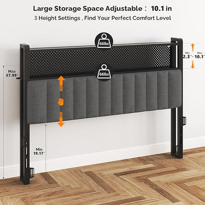 VINGLI King Size Headboard Only, Adjustable Upholstered Headboard with 2 Tier Shelves and Pegboard with Charging Stations and LED Lights, Modern Bed Headboard with Storage for Bedroom Decor