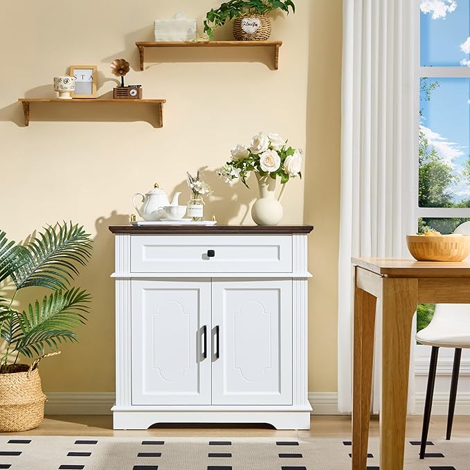 White Farmhouse Storage Cabinet with 2 Doors and 1 Drawer, Adjustable Shelf, Freestanding Kitchen Pantry Cabinet, Modern Buffet Sideboard Coffee Bar Cabinet Living Room Bathroom Dining Room