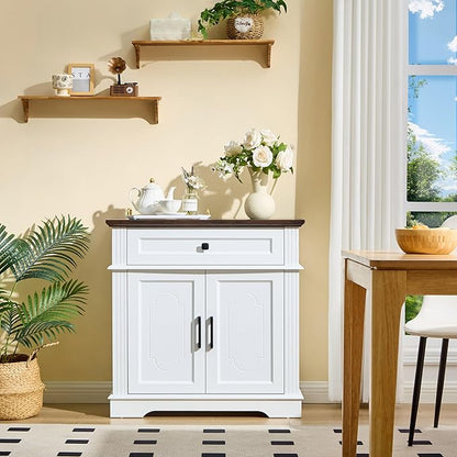 White Farmhouse Storage Cabinet with 2 Doors and 1 Drawer, Adjustable Shelf, Freestanding Kitchen Pantry Cabinet, Modern Buffet Sideboard Coffee Bar Cabinet Living Room Bathroom Dining Room