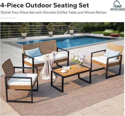 MFSTUDIO 4 Piece Wicker Patio Furniture Set, Small Patio Sofa with Loveseat & Chaise & Acacia Wood Table, Outdoor Sectional Couch with Wood Table, Beige