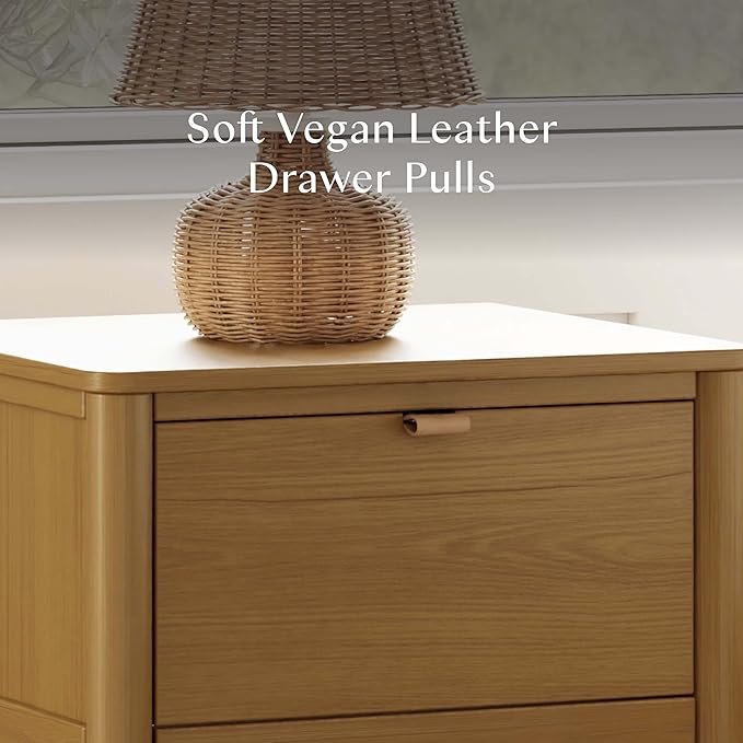 Babyletto Bondi Assembled Nightstand for Kids Bedroom - GREENGUARD Gold Certified Modern Boho Bedside Table with Storage Drawer & Vegan Leather Pull - Versatile Wood Night Stand for Kids & Guest Rooms