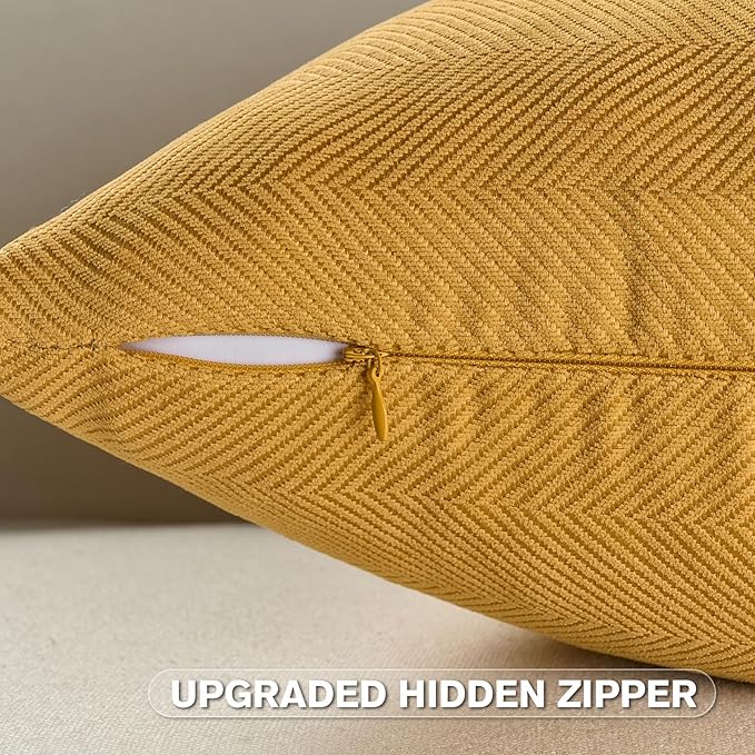 FUTEI Mustard Yellow Chenille Throw Pillow Covers 18x18 Inch Set of 2,Soft Wide Chevron Textured Cushion Case,Farmhouse Home Decor for Couch Bed Living Room