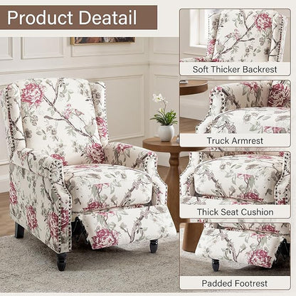 UIXE Pushback Floral Recliner Chair, Fabric Upholstered Armchair Push Back Accent Chair for Living Room, Rivet Trim Club Chair Home Theater Single Sofa Reading Seat - Beige Floral