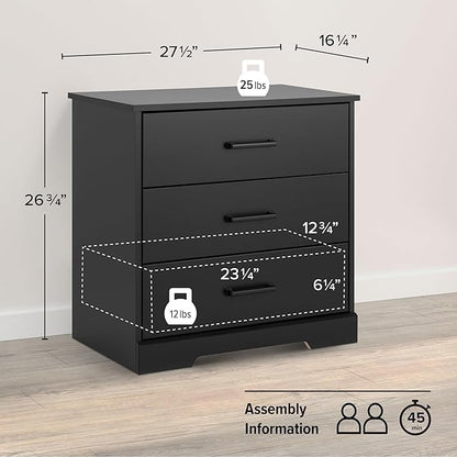 Prepac Rustic Ridge Farmhouse Nightstand Bedside Table, Black Nightstand for Bedroom, End Table with 3 Drawers 16.25"D x 27.5"W x 26.75"H