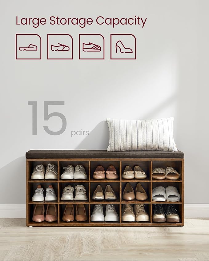 VASAGLE CUSTOS Collection - Shoe Bench, Storage Bench with Padded Seat, Entryway Bench with 15 Compartments, for Bedroom, 11.8 x 41.3 x 18.9 Inches, Rustic Brown and Chestnut Brown ULHS15BX