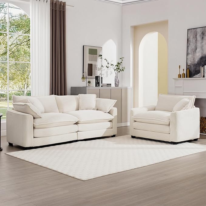 mikibama Luxury 2 Piece Sofa Set, Loveseat Couch & Sofa Armchair Set, Modern Corduroy Comfy Cloud Couches Set for Living Room Office with 2 Armrest Pillows and 3 Toss Pillows, Beige