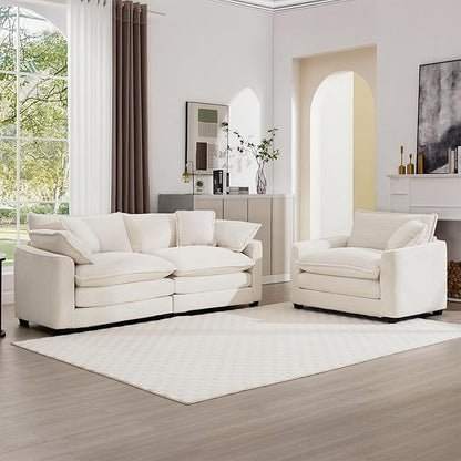 mikibama Luxury 2 Piece Sofa Set, Loveseat Couch & Sofa Armchair Set, Modern Corduroy Comfy Cloud Couches Set for Living Room Office with 2 Armrest Pillows and 3 Toss Pillows, Beige