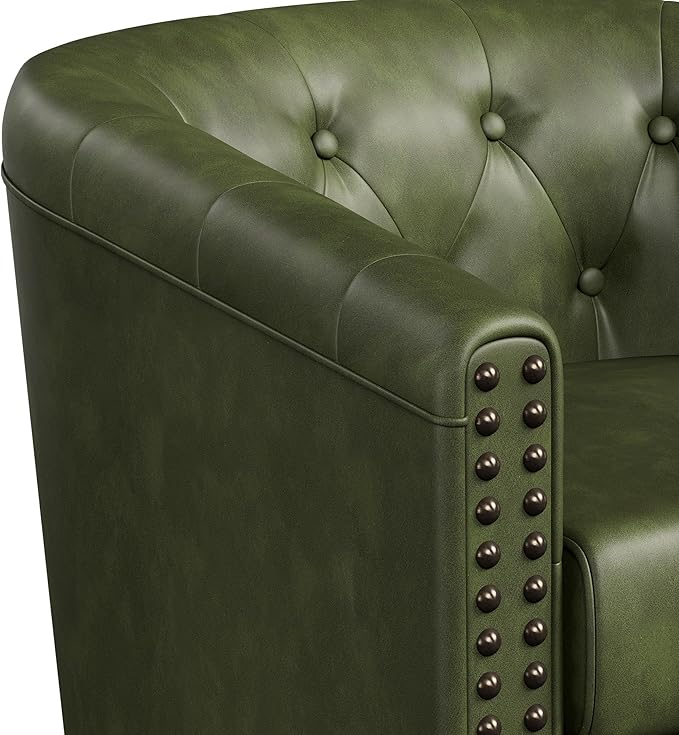 Swivel Barrel Accent Chair,Round Nailhead Faux Leather Living Room Arm Chairs,Modern Upholstered Comfty Reading Nook Chairs for Bedroom,Small Club Armchair,Single Sofa Side Chair,Olive Green