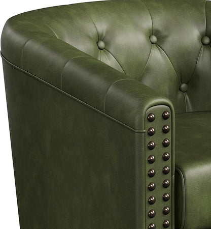 Swivel Barrel Accent Chair,Round Nailhead Faux Leather Living Room Arm Chairs,Modern Upholstered Comfty Reading Nook Chairs for Bedroom,Small Club Armchair,Single Sofa Side Chair,Olive Green