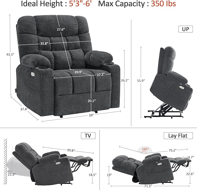 MCombo Dual Motor Power Lift Recliner Chair with Massage and Dual Heating for Elderly, Lay-Flat for Sleeping, Extra Wide for Big and Tall, Fabric R7070 (Dark Grey)