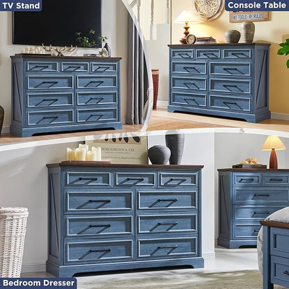 ACCOHOHO Farmhouse 9 Drawer Dresser for Bedroom, 36 Inch Tall Modern Dresser TV Stand with Large Drawers & Bar Handles, Rustic Wood Chest of Drawers for Bedroom, Living Room, Hallway, Blue