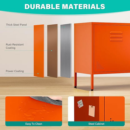 SISESOL Orange Metal Storage Cabinet with Doors and Shelves,2 Door Wide Metal Locker Accent Storage Cabinet with Leg & Vent Hole,Wide TV Cabinets,Low Side Cupboard for Home,Office,Dining/Living Room