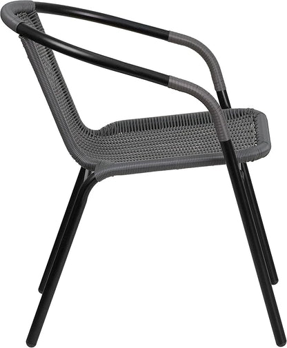 EMMA + OLIVER Set of 2 Modern Rattan Indoor/Outdoor Stack Chairs, Stacking Rattan Patio Chairs with Curved Back and Cross Bracing, Gray